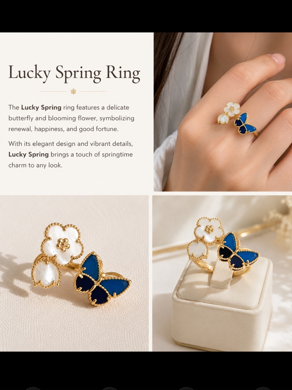 Anthropologie Gold Ring with Blue Butterfly and White Flower